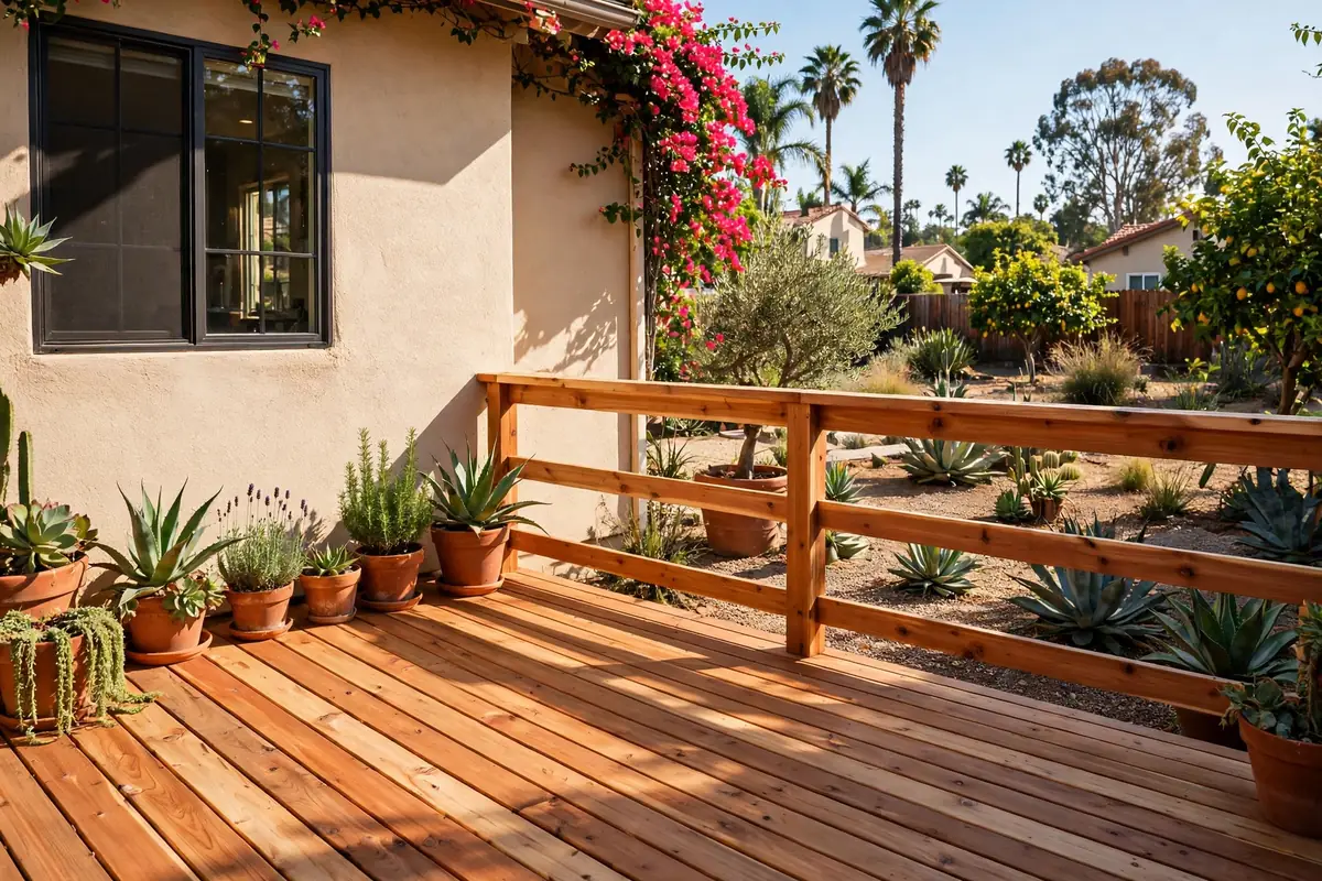 A cedar deck with a wooden railing in a sunny backyard