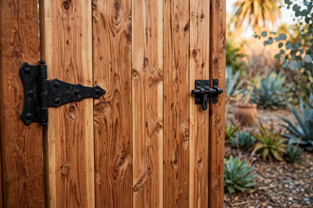 A cedar gate with black iron hinges and a latch