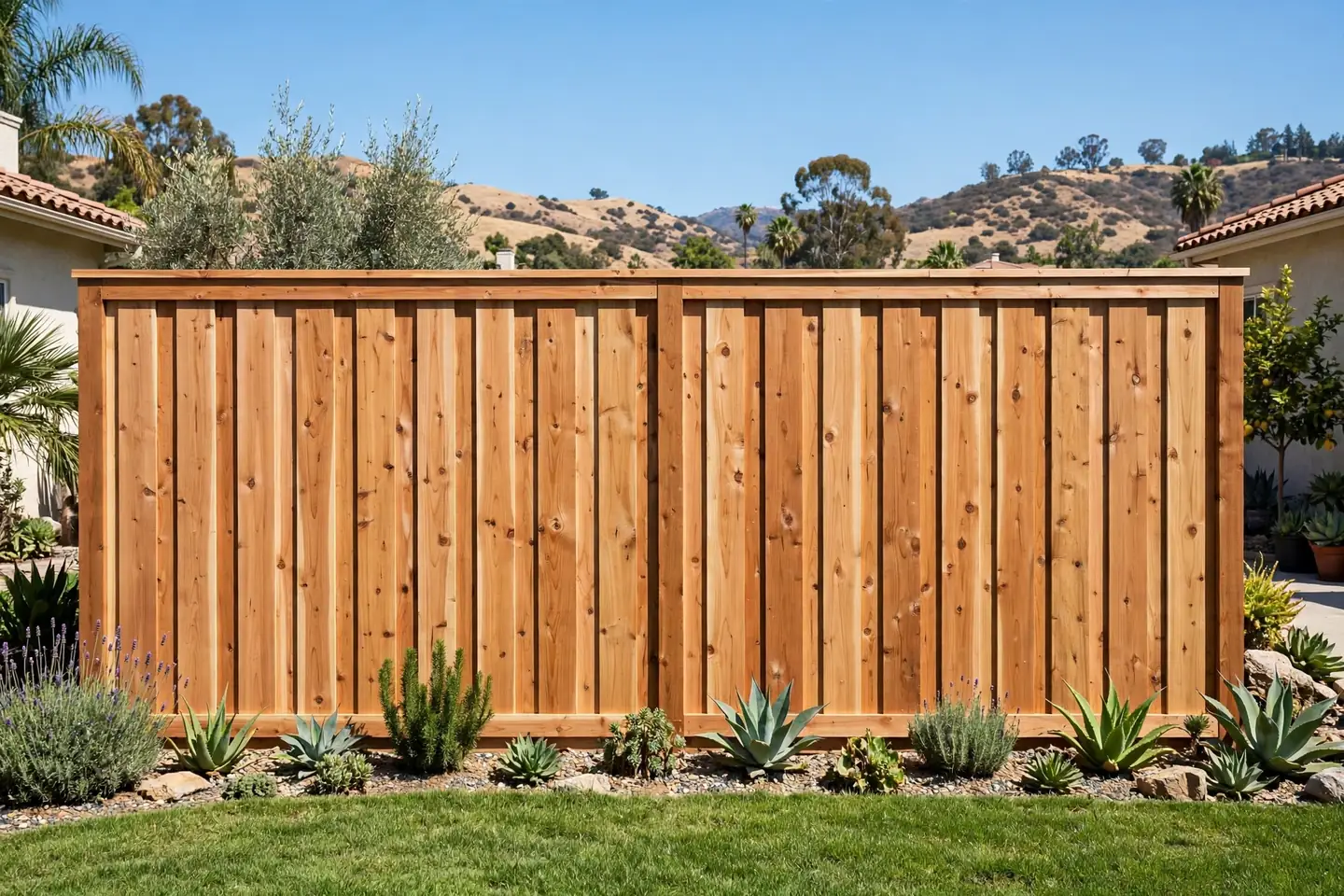 A board-on-board cedar privacy fence with a cap and trim finish in a sunny Orange County backyard